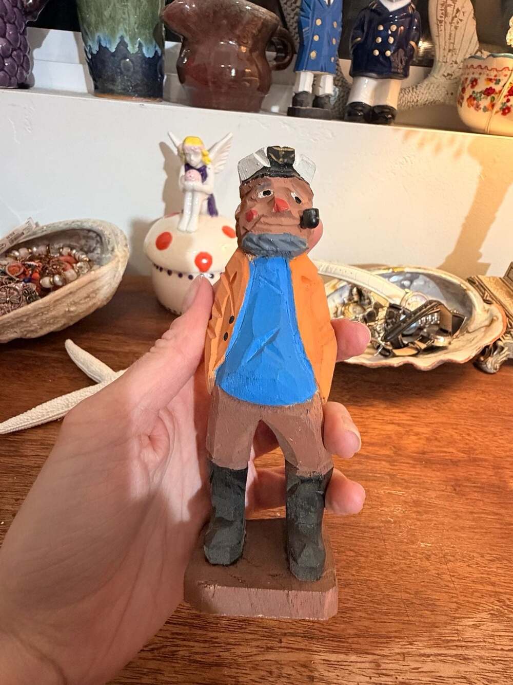 Vintage Hand Carved Wooden Fisherman Sailor Figurine Folk Art Nautical